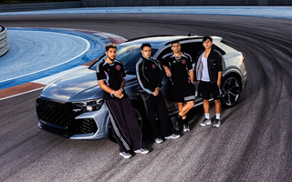 Inter Miami players modeling collaboration editions of the adidas x Audi Revolut F1 Team "Miami" Collection, inspired by adidas Football's Teamgeist design popular during the 2000s.