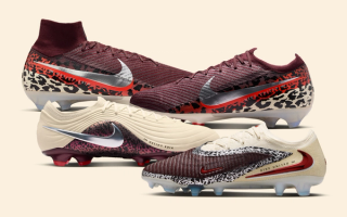 Four Nike Football boots built for women under the Nike Untied banner, done in "Fossil/Burgundy Crush" colors.
