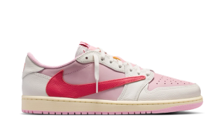 Travis Scott x Air Jordan 1 Low OG "Tropical Pink" collaboration.