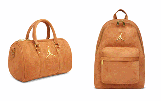 From left: Jordan Suede Monogram Mini Duffle Bag in "Cognac," Jordan Suede Monogram Backpack in "Cognac."