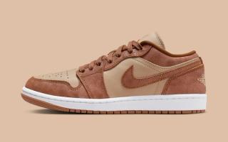 Cracked Suede Covers this Tan and Russet Colored Jordan now 1 Low