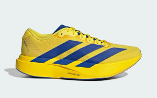 Adidas Adizero Evo SL running shoe in a "Yellow/Royal Blue/Iron Metallic" seemingly inspired by Sweden's National Football Team.