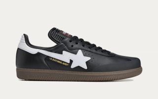 BAPE®︎ x Adidas Samba collaboration in a black-and-white color scheme.