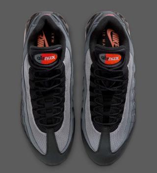 Top-down view of Nike's Air Max 95 in a "Black/Bright Crimson/Anthracite/Iron Grey" color scheme.