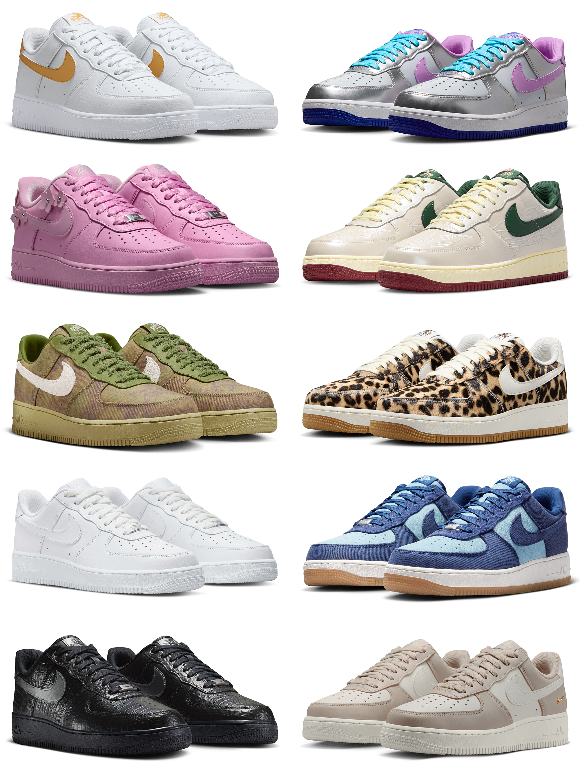 Ten (10) different Nike Air Force 1 sneaker styles available now (July 2026).