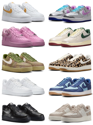 Ten (10) different Nike Air Force 1 sneaker styles available now (July 2026).