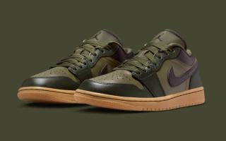 Air Jordan 1 Low in a "Cargo Khaki/Rough Green/Gum Light Brown/Velvet Brown" color scheme.