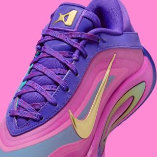 Close-up of Medial angle of A'ja Wilson's Nike A'One in a "Fierce Purple/Hyper Magenta" color scheme.