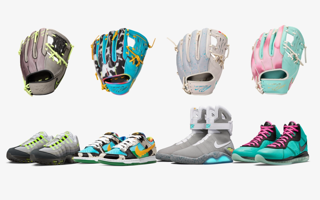 Nike Chunky Dunky, Mag, and Air Max 95 sneaker designs transformed into baseball gloves with matching colorways and material details