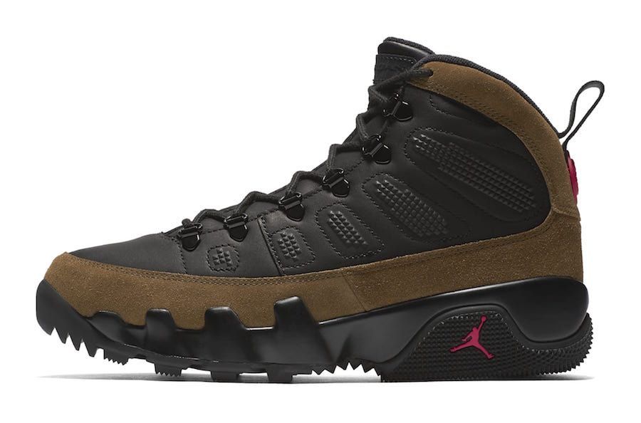 Air Jordan 9 Boot in a "Black/Light Olive/True Red" color scheme.