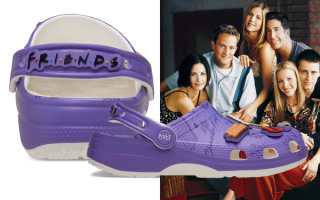 Collage for the purple-colored Friends x Crocs Classic Clog collaboration.