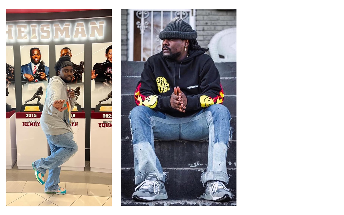 Wale wearing "Water Be The Guide" New Balance 2002R (November 2023); "Grey" New Balance 992 (September 2023). Photos via @folarin_fits on Instagram.