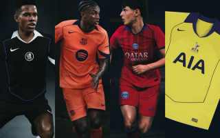 From left: Chelsea FC, FC Barcelona, Paris Saint-Germain, Tottenham Hotspur FC's Nike Total 90-inspired Third Jerseys for the 2025-26 season.