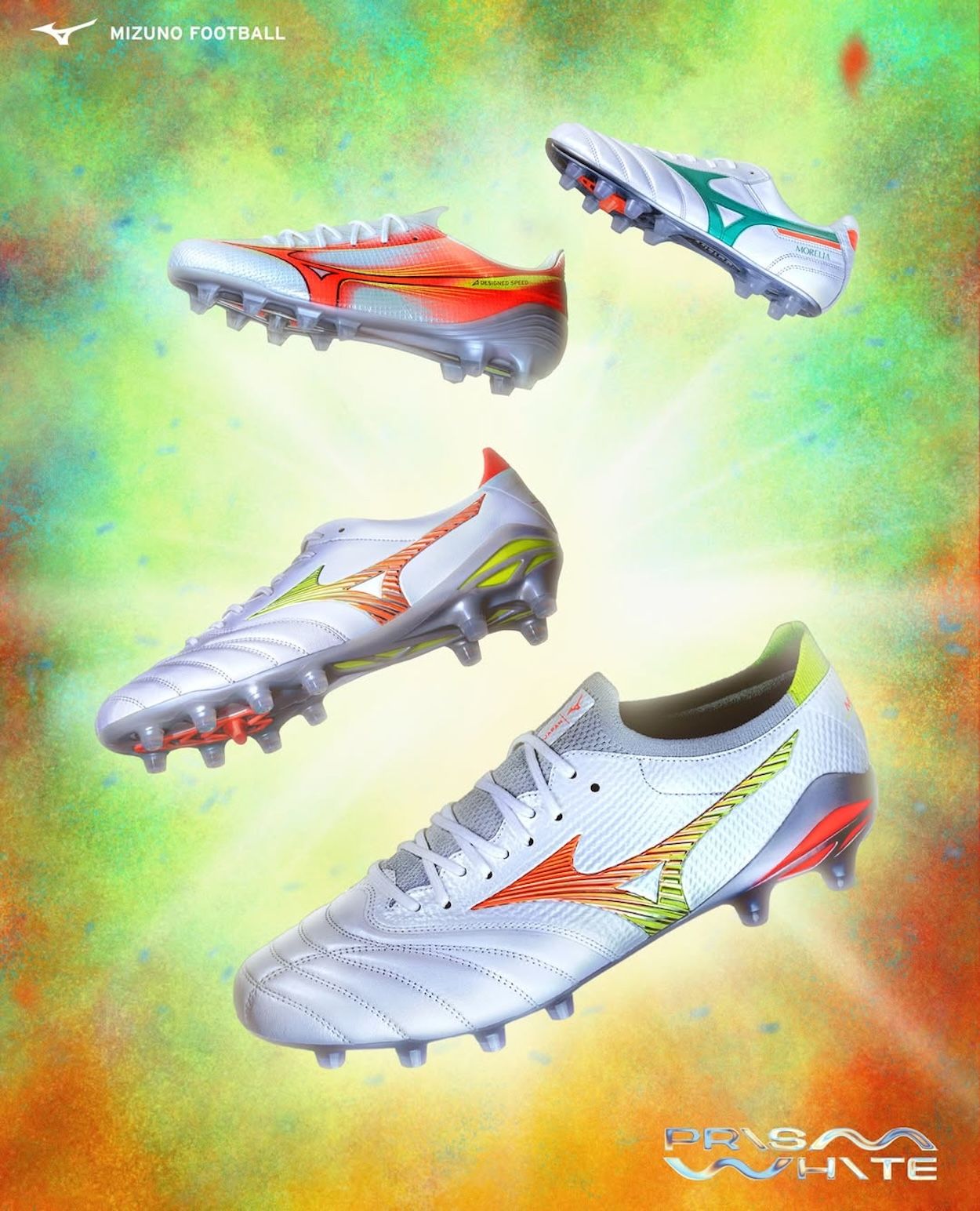 Mizuno "Prism White" Pack, featuring Mizuno Alpha Japan, Morelia II & the Morelia Neo V Beta boots. Photo via Mizuno.