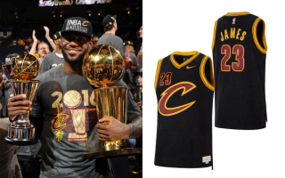 LeBron James holding the 2016 NBA title and Finals MVP award; premium remake of Cleveland Cavaliers' 2016 jersey by Nike. 