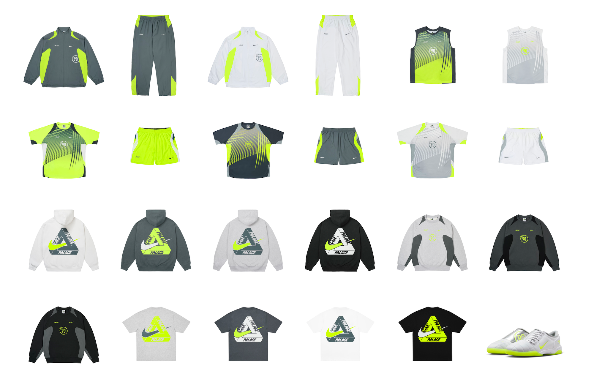Twenty-four (24) pieces from the Palace x Nike Total 90 Collection. Photo via Palace.