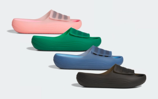 Four pairs of the new adidas Adislide Sandal—including light pink, bold green, crew blue, and core black colorways.