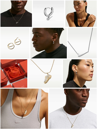 E-commerce shots showing earrings & necklaces from Nike's Holiday 2026 jewelry collection.