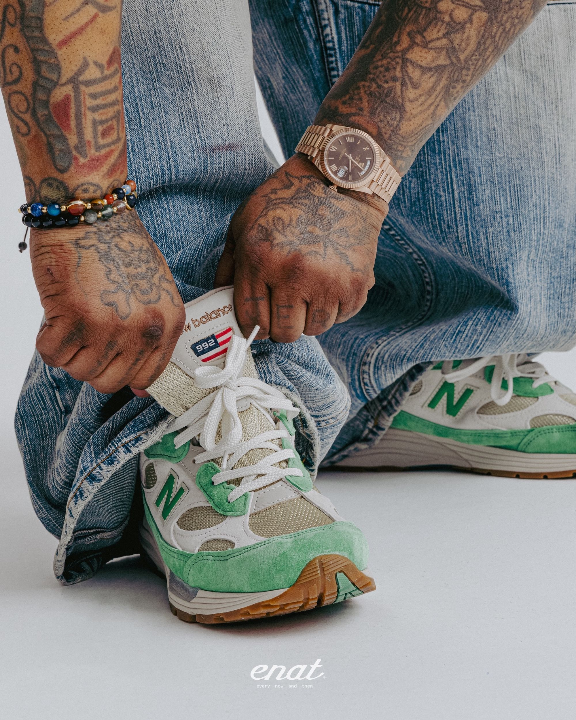 On-foot look at the Every Now & Then x New Balance 992, green-accented pair from within the Joe Freshgoods universe.