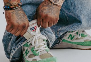 On-foot look at the Every Now & Then x New Balance 992, green-accented pair from within the Joe Freshgoods universe.