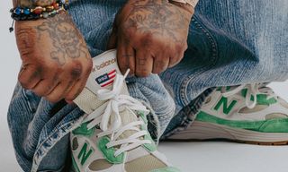 On-foot look at the Every Now & Then x New Balance 992, green-accented pair from within the Joe Freshgoods universe.