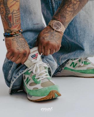 On-foot look at the Every Now & Then x New Balance 992, green-accented pair from within the Joe Freshgoods universe.