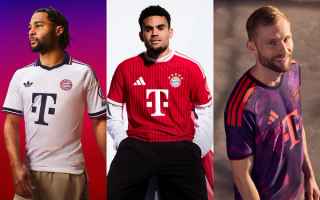 Josip Stanišić, Luis Díaz & Konrad Laimer in promo visuals for Bayern Munich's 2026/27 Home kit by adidas; Luis Díaz, Michael Olise & Harry Kane modeling Bayern Munich's 26/27 Away, Home & Third  jerseys, respectively.