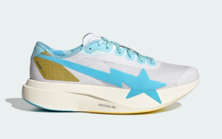 BAPE® x adidas Adizero Evo SL running shoe with mismatched blue and pink camo detailing.