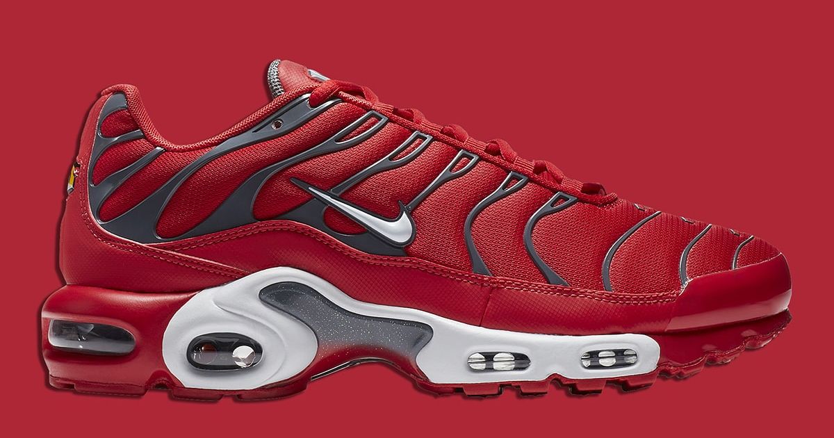 Available Now // Nike Air Max Plus in University Red/Dark Grey 