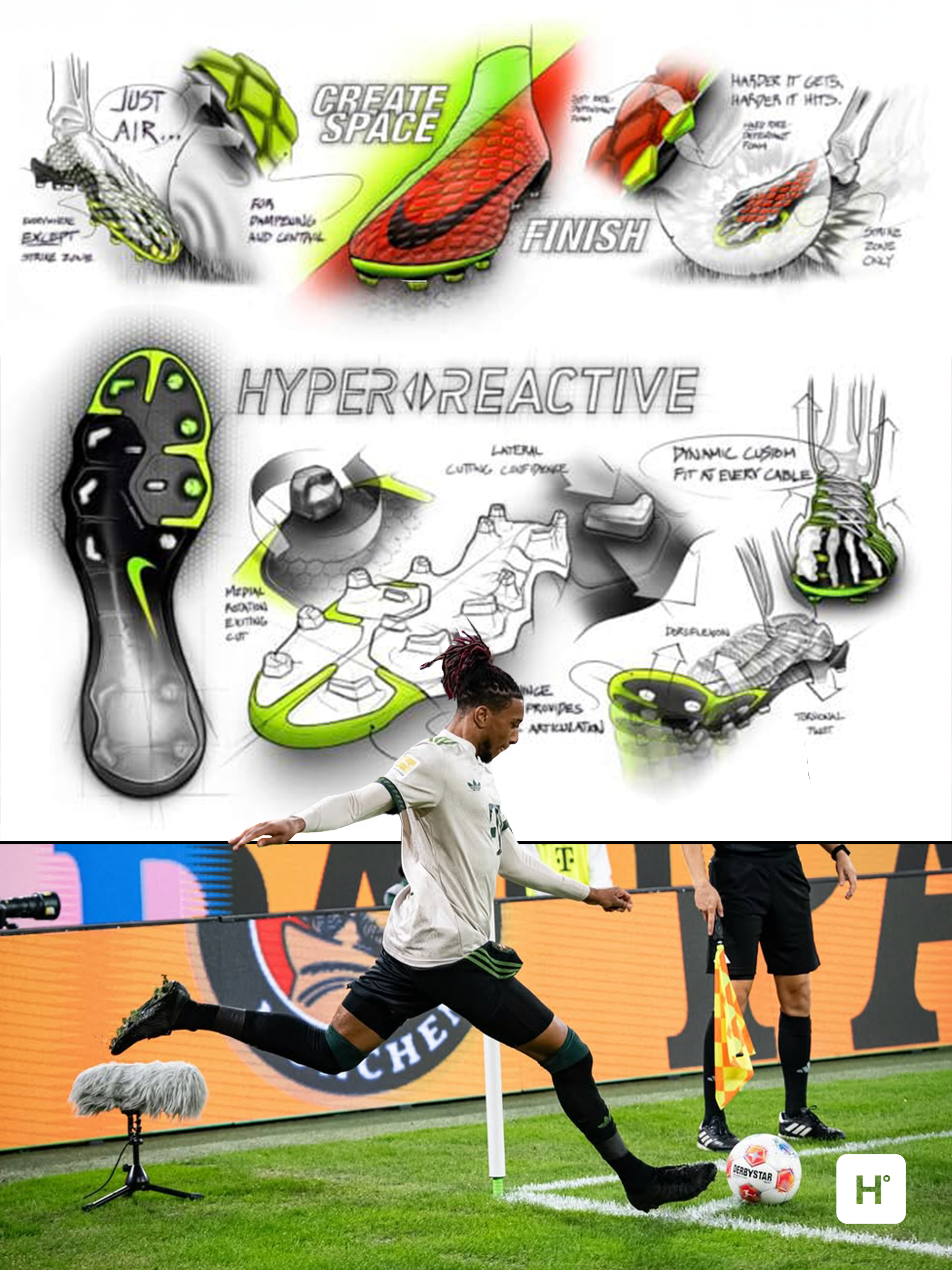Design breakdown of the Nike Hypervenom III; a photo of Michael Olise taking a corner in the boots. Photos via Soccer.com, Michael Olise.