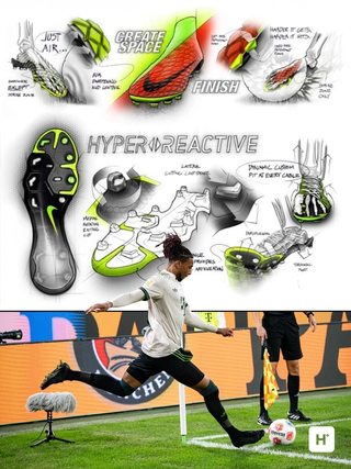Design breakdown of the Nike Hypervenom III; a photo of Michael Olise taking a corner in the boots. Photos via Soccer.com, Michael Olise.