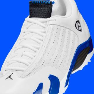 Close-up of the Air Jordan 14 Golf shoe in a "White/Hyper Royal/Black" color scheme.