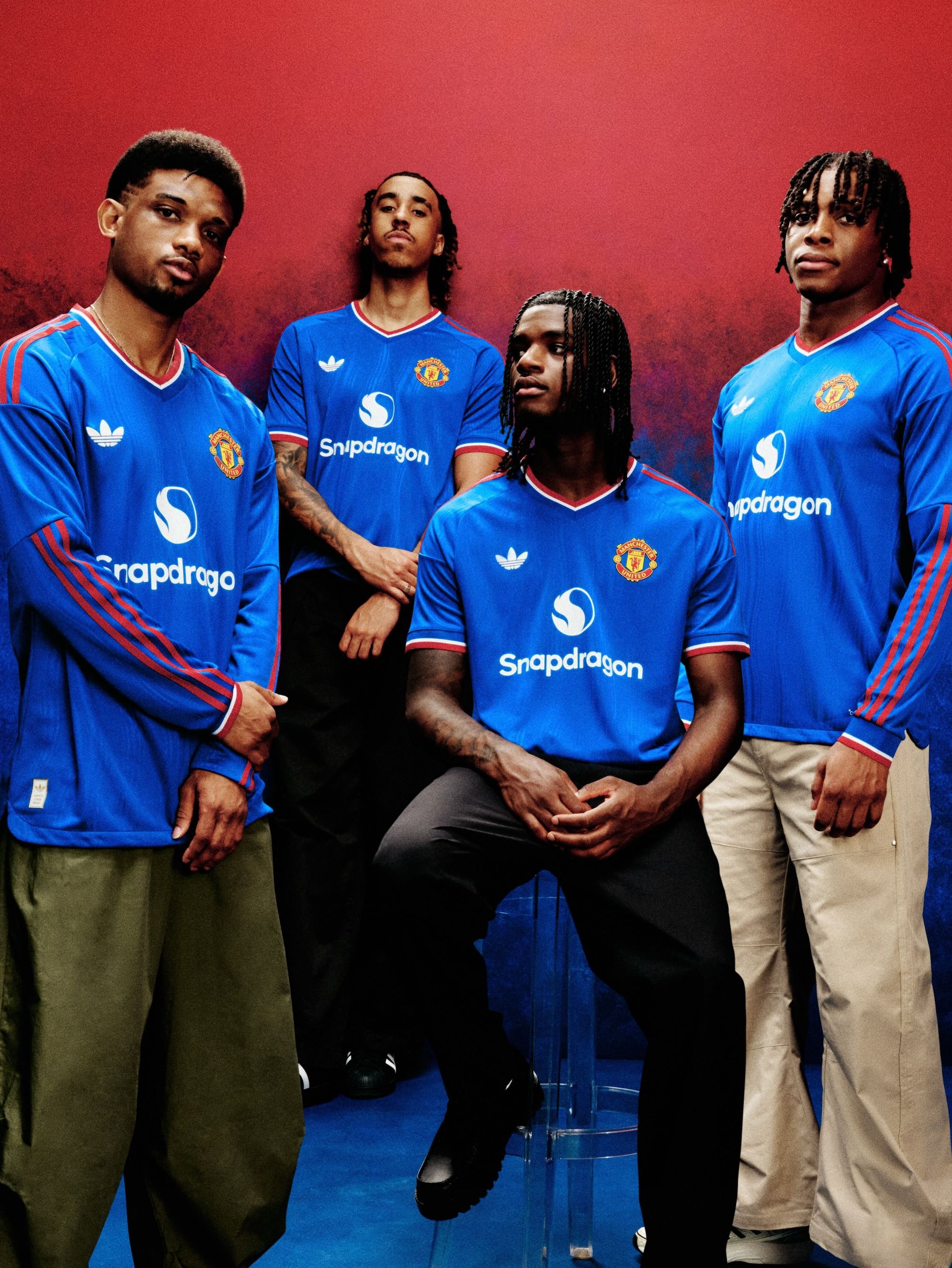 Amad, Leny Yoro, Ayden Heaven, & Patrick Chinazaekpere Dorgu for Manchester United 26/27 Away kit by adidas. Photo via Manchester United.