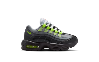 Little Kids' LEGO® x Nike Air Max 95 in a "Black/Dark Smoke Grey/Smoke Grey/Metallic Silver" color scheme.