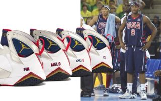 Four Player-Exclusive Air Jordan 7 "Olympic" Pairs, as worn by Carmelo Anthony in 2004. Photos by Michael Conroy/Associated Press via Chicago Tribune.