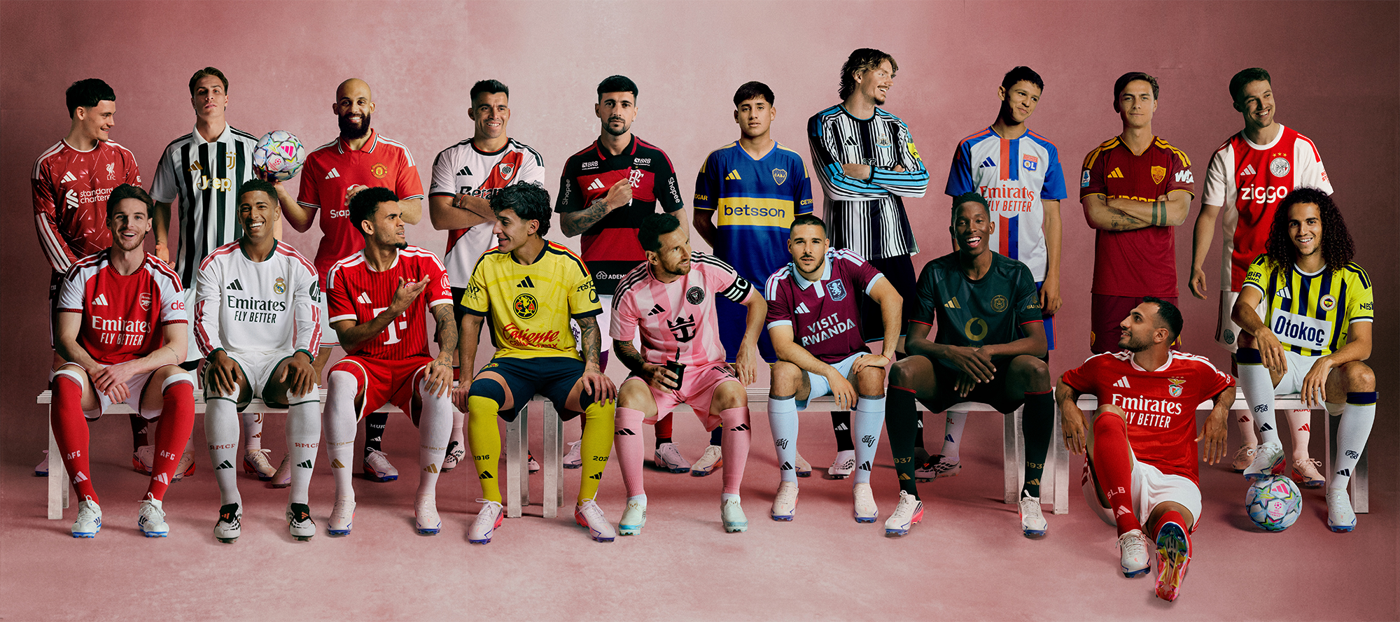 Nineteen (19) key athletes representing adidas-sponsored football clubs—including Real Madrid, Arsenal, Liverpool, Club América, Bayern Munich & Manchester United.