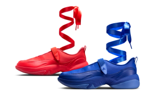 Women's Jordan Pointe ballet-inspired shoe in "Royal Blue" and "Chile Red" color schemes.