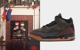 Air Jordan 3 “Not Nice List” retro, a thematic pair that shares heritage with a Christmas 1985 ad by Nike showing Santa coming down the chimney in an Air Jordan 1 "Chicago" pair. Photo via JD Sports.