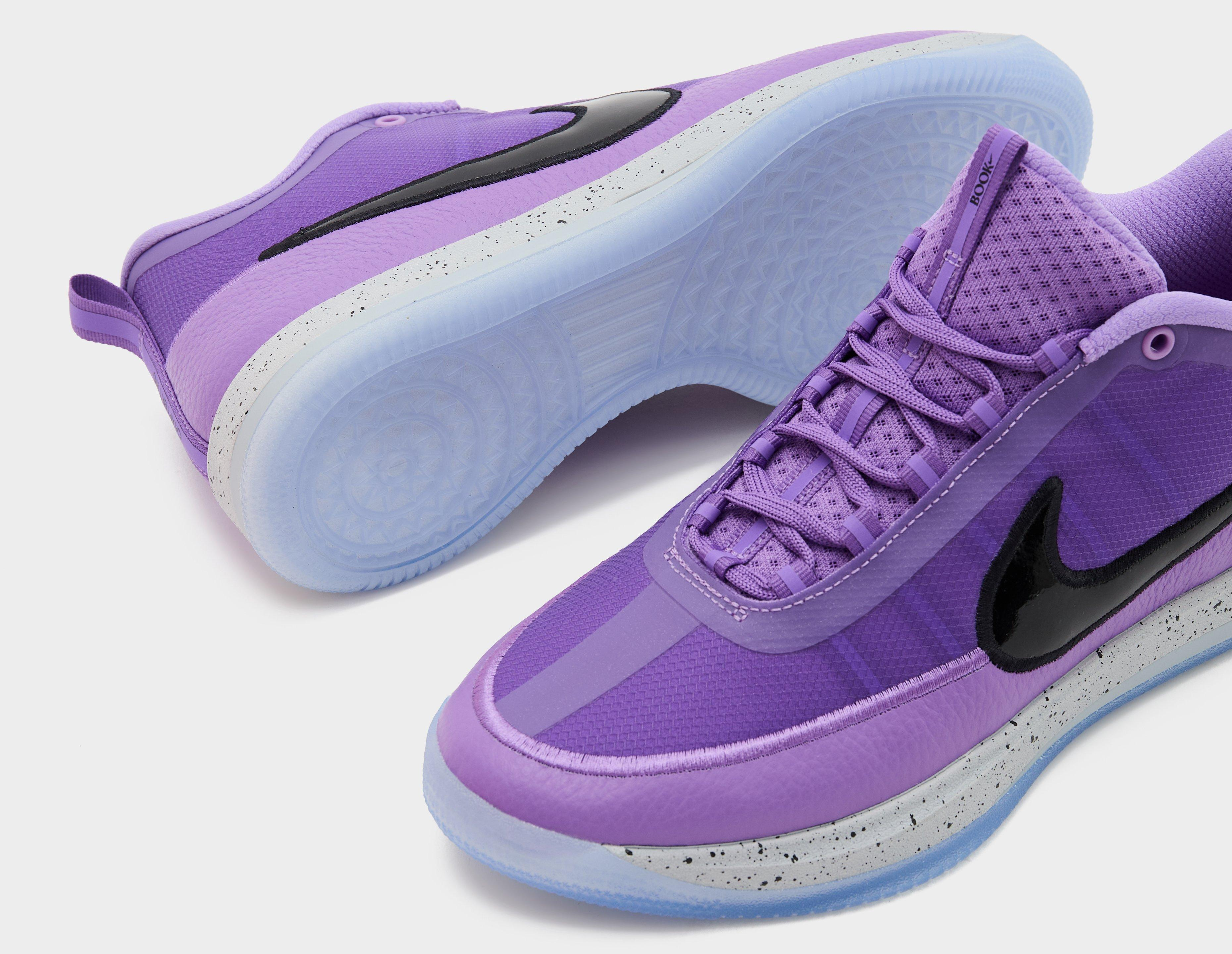 Nike Book 2 "Be Legendary" basketball shoe in a "Bright Violet/Black/Wolf Grey" color scheme. Photo via size?