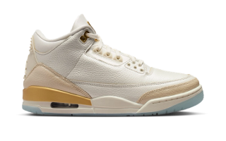 Air Jordan 3 "Champagne & Oysters" retro in a "Sail/Team Gold/Pale Ivory/Metallic Gold/Ice" color scheme.