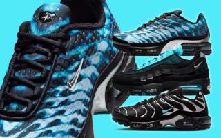 Nike Air Max 95, Air Max Plus, & Air Max Plus VII "Scorpion" pairs in black-and-gamma-blue color schemes.