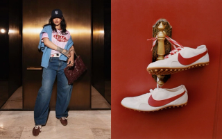 Rihanna for SAVAGE X FENTY BY RIHANNA while wearing the JACQUEMUS Nike Moon Shoe in brown.