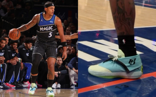 Paolo Banchero wearing a Player-Exclusive (PE) edition of the Air Jordan 4028 hybrid basketball shoe.