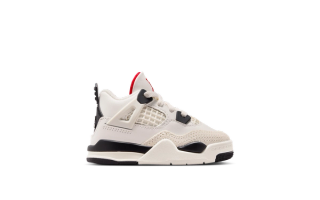 Toddler Air Jordan 4 "Flight Club" retro in a "Sail/Black/University Red" color scheme.