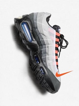 A grey, blue, and orange-colored Kith x Nike Air Max 95.