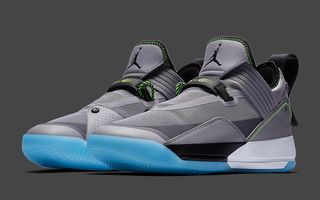 The Padded tongue Jordan branding Appears in Wolf Grey and Volt