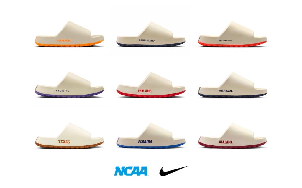Nike Calm Slide 2.0 Collection in NCAA colorways designed for college athletes and campus culture
