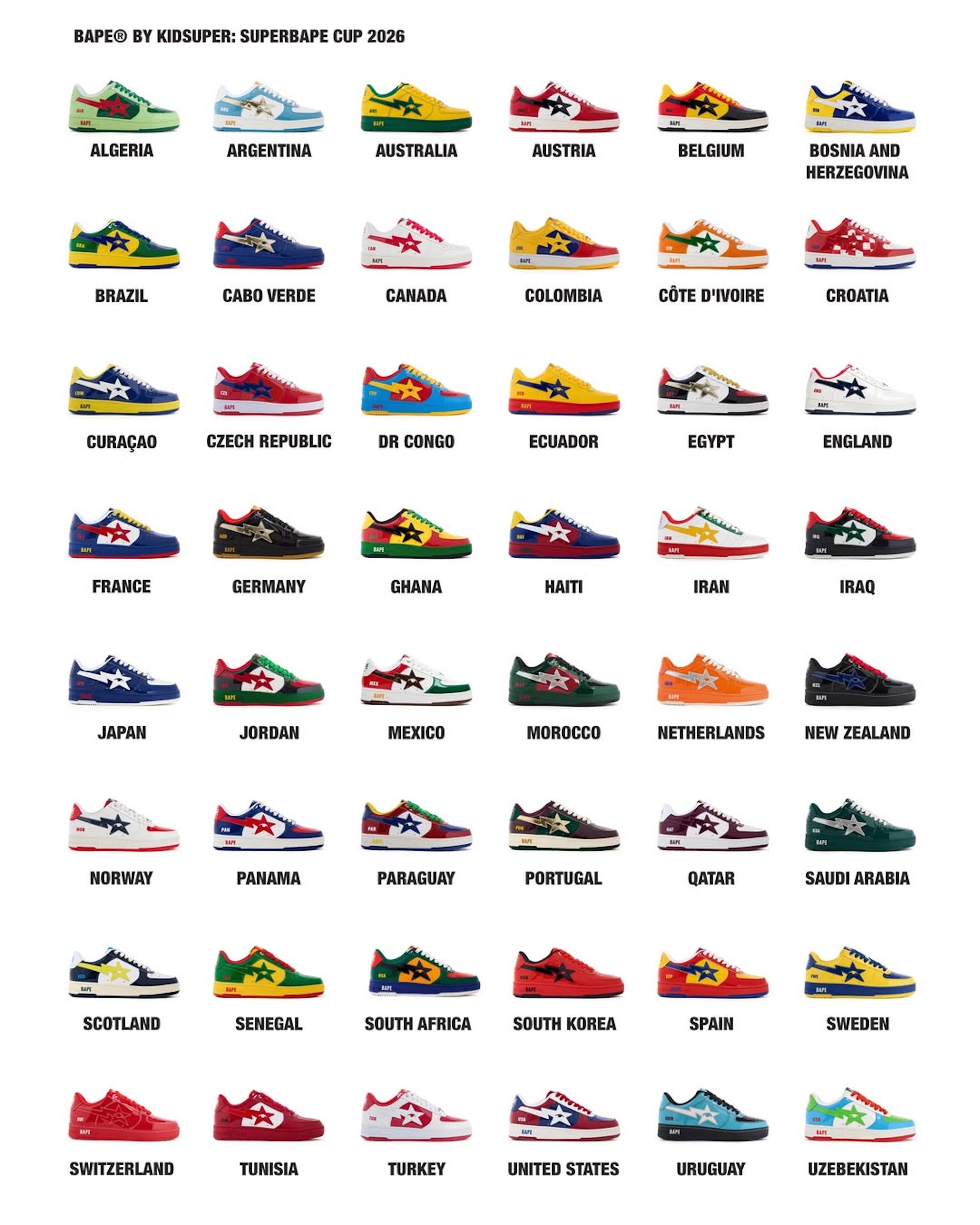 KidSuper's 48-pair BAPE STA™ collaboration inspired by each national football team participating in the 2026 World Cup™.