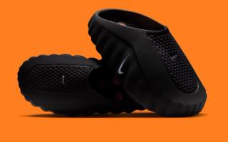 Nike Mind 001 mule in a "Black/Hyper Crimson/Chrome" color scheme.