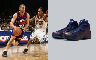 Jason Kidd wearing an "Eggplant" Nike Air Flightposite PE, an upcoming "Multi-Color/Midnight Navy" retro.